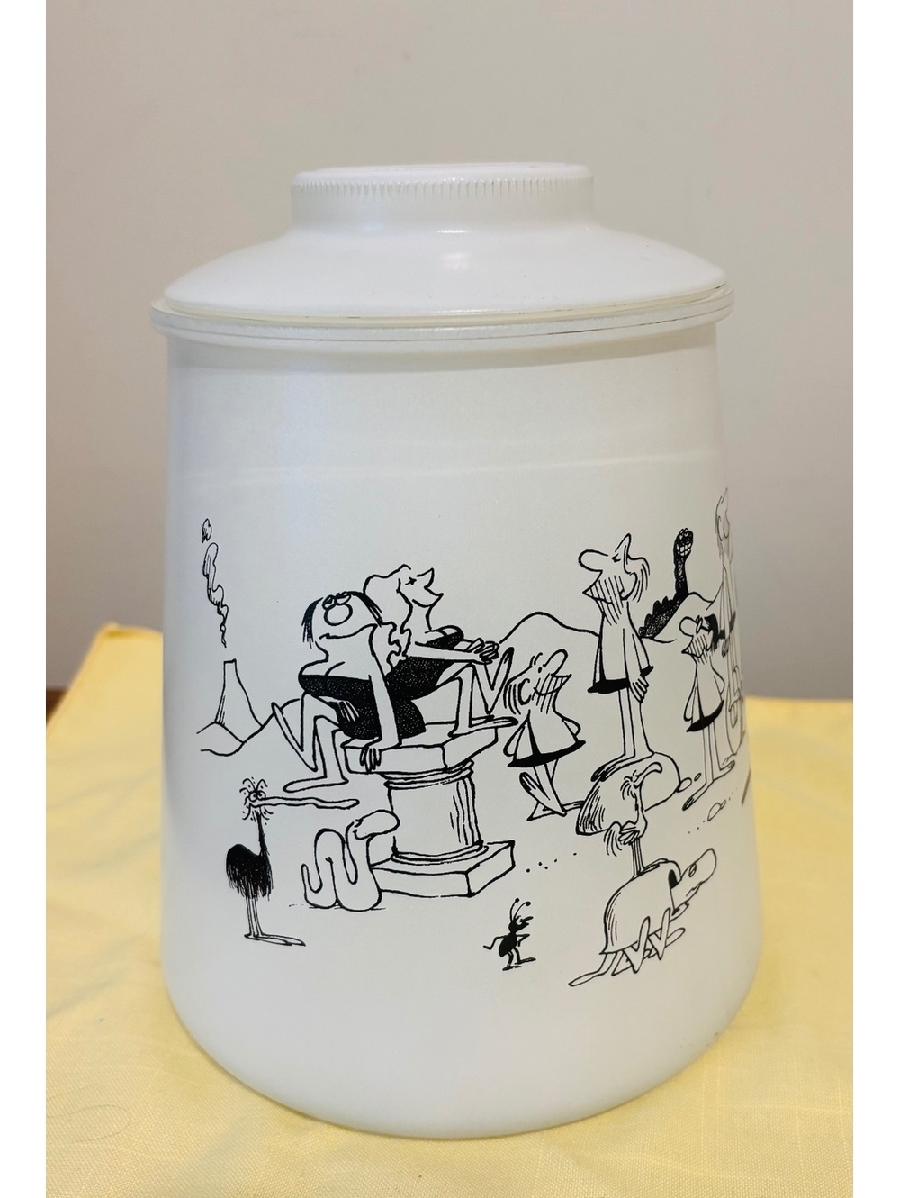 BC Cookie Jar Canister & Lid Frosted Glass Grog 70s Comic Strip Anteater Caveman
